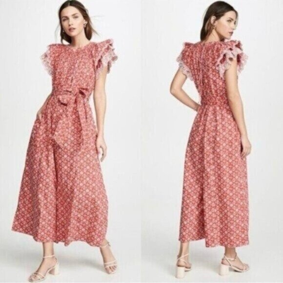 Ulla Johnson Landon Poppy Floral Red Wide Leg Ruffle Jumpsuit Size 6 - Picture 1 of 10